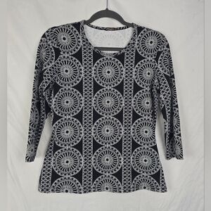 J. McLaughlin Artsy Black Medallion Print Stretch 3/4 Sleeve Blouse sz M
